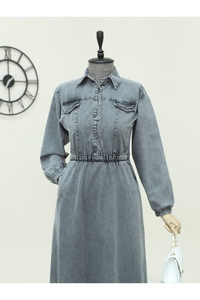 Modamorfo Geräuchertes Denim-Kleid mit halben Knöpfen und elastischem Bund