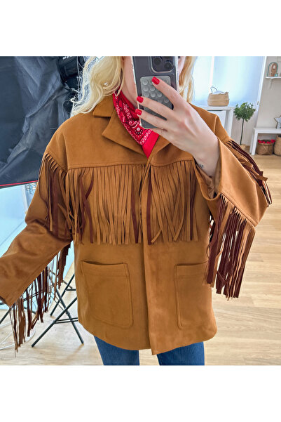 Modaonna Kahverengi süet püsküllü tasarım ceket