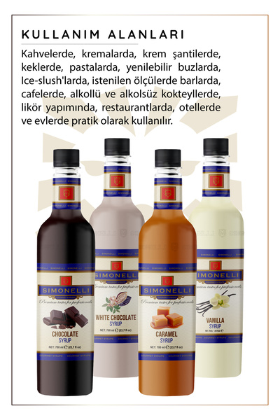 Simonelli Kahve ve Kokteyl Şurubu 700 ml 4'lü Set Karamel+Vanilya+Çikolata+Beyaz Çikolata + 4 Adet Pompa