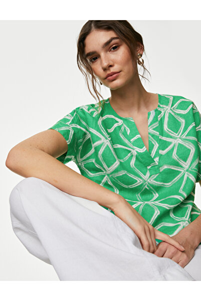 Marks & Spencer Kısa Kollu Desenli Saf Keten Popover Bluz