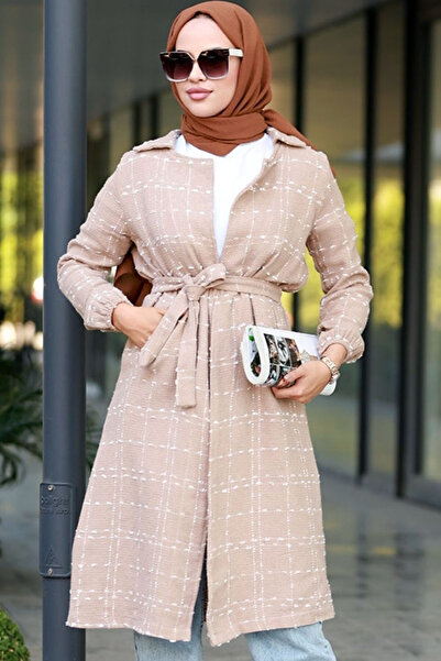 MissThetis Önü Yuvarlak Gömlek Yakalı Dokulu Tüvit Kumaş Kuşaklı Diz Altı Mid...