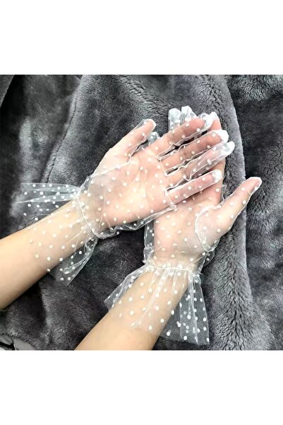 Beauty Box Gelin Eldiveni Kına Düğün Nikah Kısa Boy Güpürlü Puantiyeli Beyaz ...