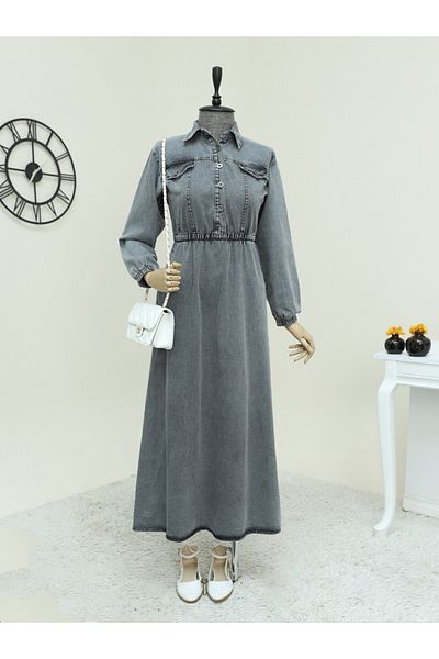 Modamorfo Geräuchertes Denim-Kleid mit halben Knöpfen und elastischem Bund