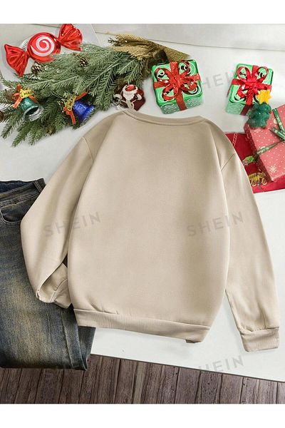 Black Sokak Beige Oversize Sweatshirt - Merry Christmas Printed, Crew Neck