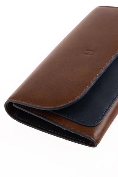 HELMBROOK Charlotte Women - Голям кожен портфейл с RFID защита и цип, цвят кафяво-тъмносин