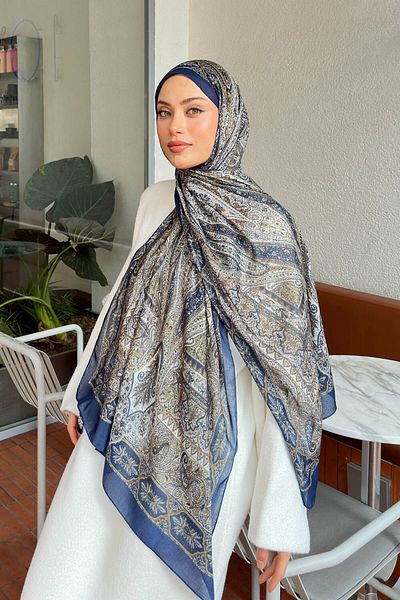 lamelif.com Şal retro din bumbac albastru bleumarin verde ulei - cu model