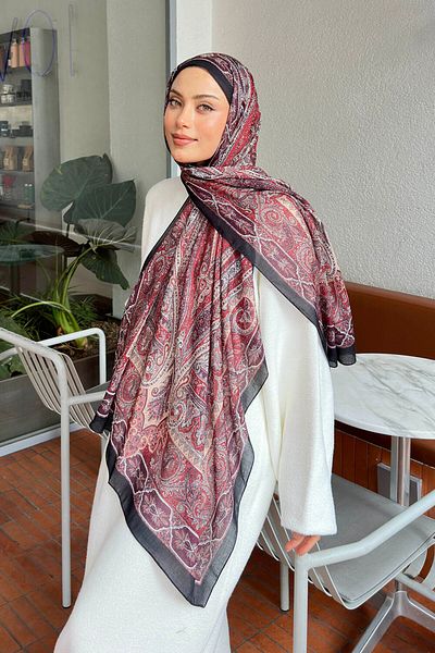 lamelif.com Μαύρο μπορντό ρετρό βαμβακερό σάλι