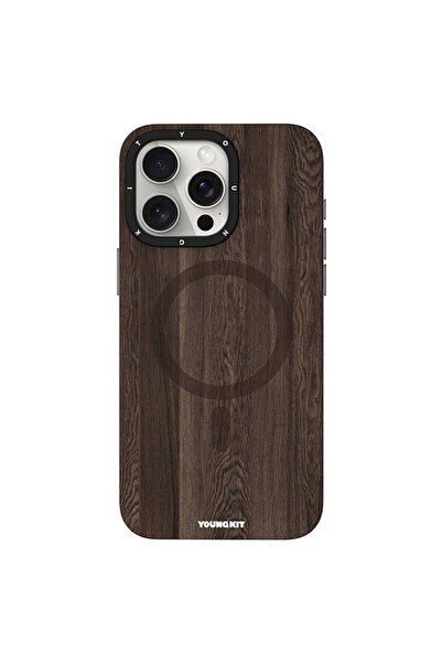 Youngkit İphone 15 Pro Max Kılıf Magsafe Şarj Özellikli Ahşap Desenli Wood Fo...