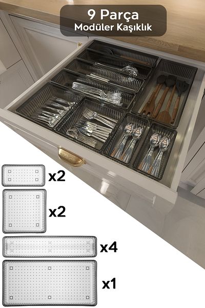 Meleni Home Anthracite 9 Piece Modular Σετ μαχαιροπήρουνων - Ρυθμιζόμενο συρτάρι κουζίνας και οργάνωσης
