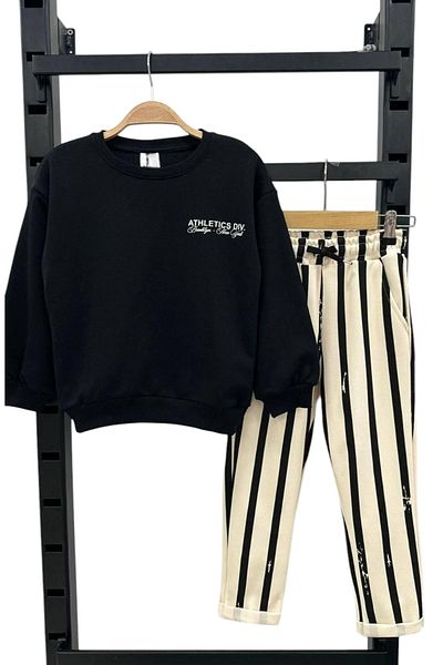 Lolliboomkids Set de hanorac cu dungi alb-negru cu 3 fire și pantaloni de trening ajustați în talie pentru băiat - 2 piese