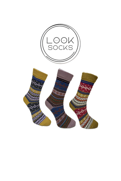 LOOKSOCKS LOOK SOCKS Vintage Karışık Desenli Çok Renkli Kış Çorabı - 3’lü Paket