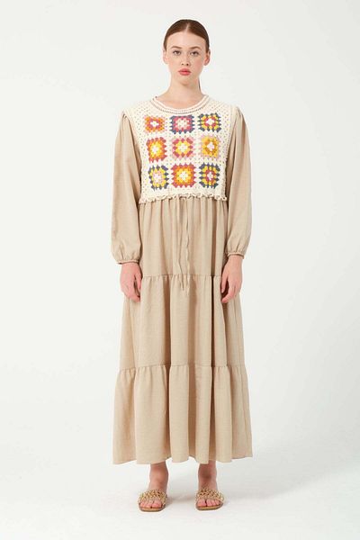 Hatun Atila HatunAtila 7884 Model Beige Μακρύ Φόρεμα - Μπλούζα μπροστά