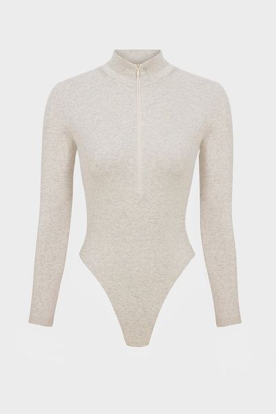IAMNOTBASIC Beige Melange Women's Bodysuit - Stand Collar and Zipper Detail