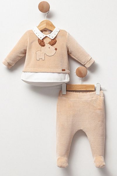 Cassiope Little Dog 2-Piece Baby Boy Set with Shirt Collar Velvet Textured Booties Bottom-Top