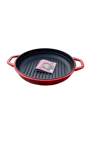 HOSSE 28 cm Red Iron Cast Round Grill Pan - Double Handles