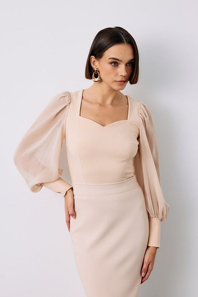 Sateen Balloon Arm Crop Blouse - BEIGE