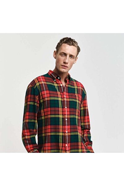 Gant Erkek Kırmızı Regular Fit Düğmeli Yaka Kareli Gömlek