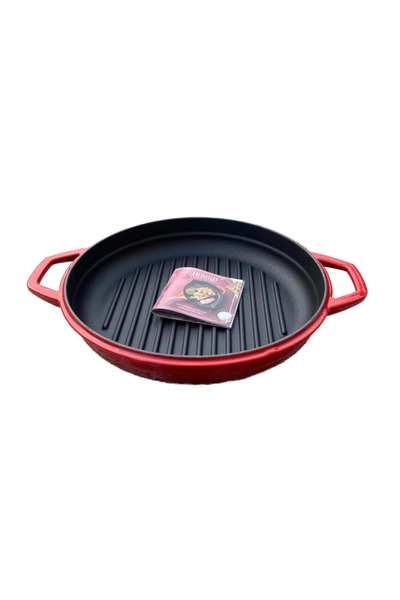 HOSSE 28 cm Red Iron Cast Round Grill Pan - Double Handles