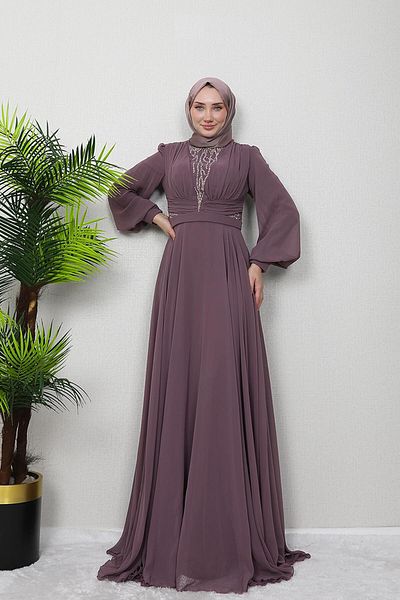 GİZ AGİYİM Dark Rose Dried Wormwood Chiffon Stone Evening Dress