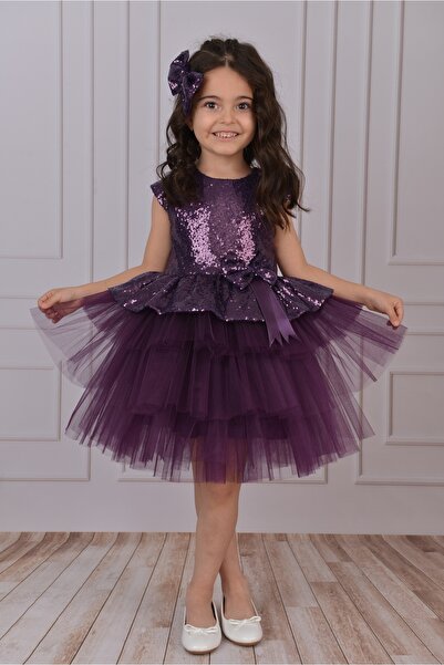 Genel Markalar Kız Çocuk Pullu Tüllü Abiye Elbise Mor