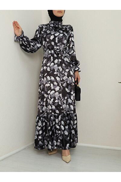 Modamorfo Hedvábné saténové šaty s límcem se vzorem - černé