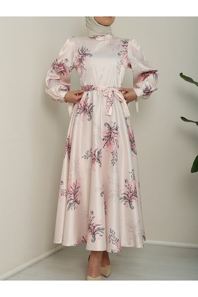 Modamorfo Rochie roz din satin de matase - cu maneci si captuseala