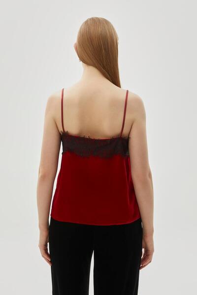 Exquise Kadife Dantel Detaylı V Yaka Regular  Bluz