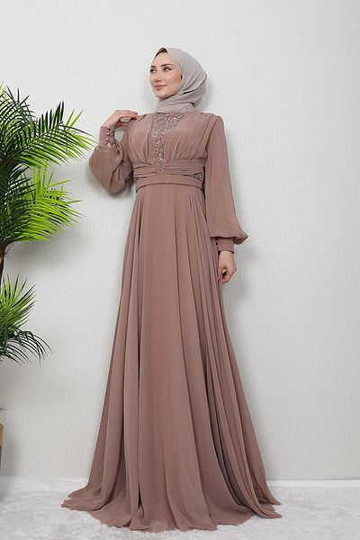 GİZ AGİYİM Βραδινό φόρεμα Pelin Chiffon Stone Sütlükkahve