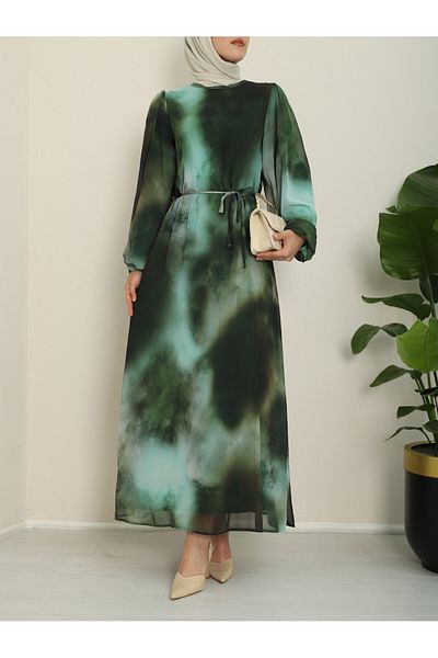 Modamorfo Emerald Colored Tie Dye Printed Chiffon Dress