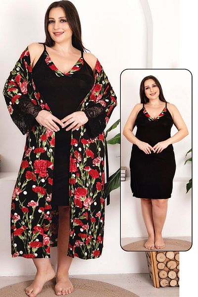 Jenny Daphne Rose Patterned Viscose Luxury Nightgown and Dressing Gown Set - Set of 2 19224