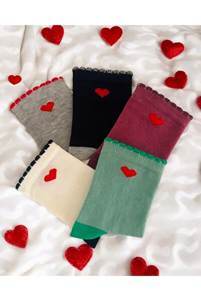 Çorabistaan 5 Çift Çok Renkli Kalpli Picotlu Kız Çocuk Mevsimlik Soket Çorap ...