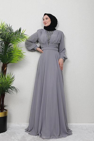 GİZ AGİYİM Βραδινό φόρεμα Grey Pelin Chiffon Stone