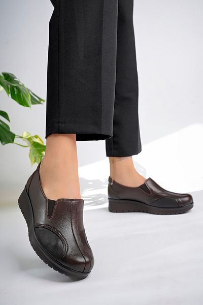 Akgün Terlik Women's Brown Genuine Leather Anatomical Sole Shoes Special for Bone Protrusion