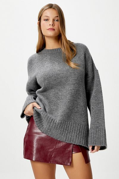 Ritnice Women's Homy Soft Crew Neck Anthracite Oversize Knitwear Sweater