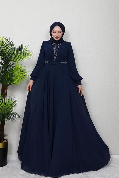 GİZ AGİYİM Wormwood Chiffon Stone Evening Dress Navy Blue