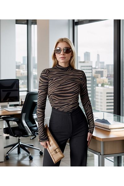 Loomora Women's Black Zebra Print Stand Collar Long Sleeve Stylish Blouse
