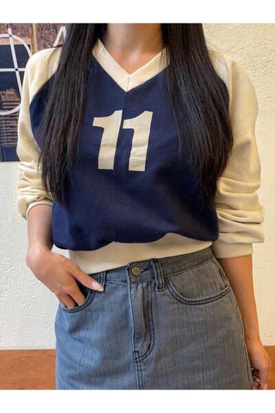 VESTIR BIEN 11 Crop cu imprimeu, cu decolteu în V, bej, bleumarin, cu 3 fire ...