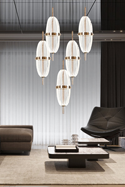 Apliqa Liona 5'li Yuvarlak 50 Watt Gold Krisatlli Modern Salon Oturma Odası Sarkıt Led Avize