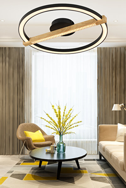 Apliqa April Siyah Yuvarlak 58 Watt Plafonyer Ahşap Desenli Modern Salon Led Avize