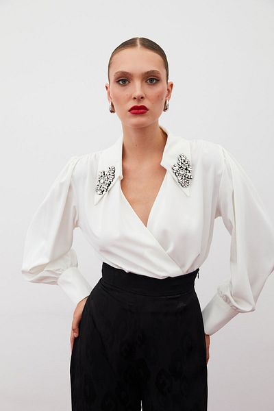 Sateen Μπλούζα Ecru Bodysuit - Με Λεπτομέρεια Αξεσουάρ