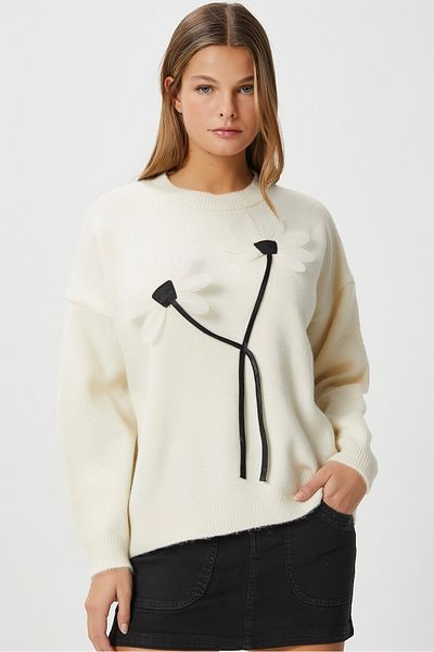 Ritnice Women's Miranda Floral Detail Ecru Knitwear Sweater