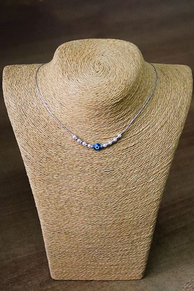 EUROMODA Pearl Beaded Silver Color Necklace with Evil Eye Design