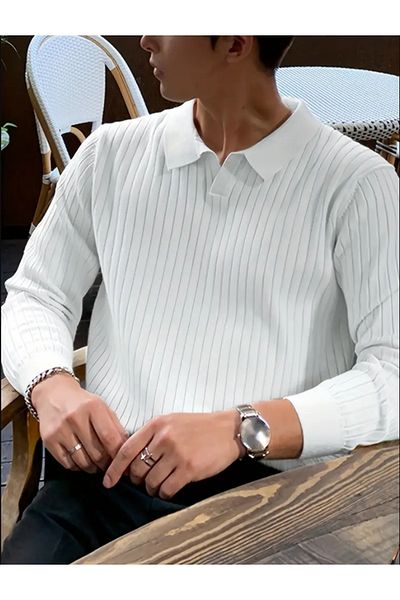 Tarz Cool Men's Polo Collar Ribbed White Knitwear Sweater