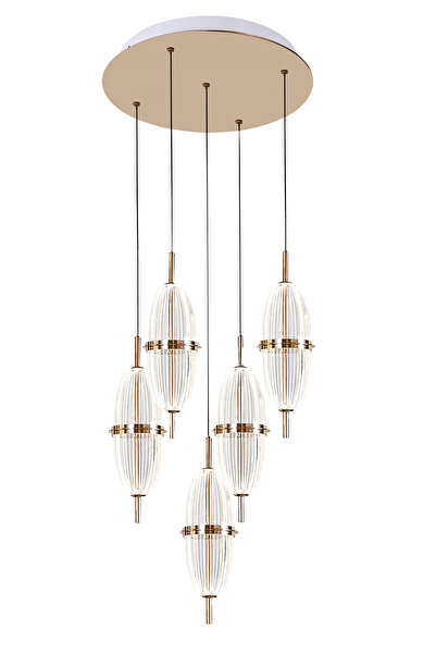 Apliqa Liona 5'li Yuvarlak 50 Watt Gold Krisatlli Modern Salon Oturma Odası Sarkıt Led Avize