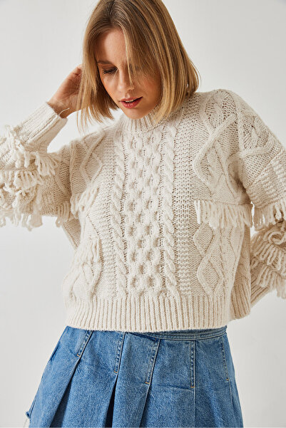 Bianco Lucci Dámský pletený svetr s pletenými třásněmi do vlasů 20246302