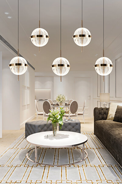 Apliqa Loret 5'li Sıralı 60 Watt Gold Kristalli Modern Salon Yemek Masası Üstü Sarkıt Led Avize
