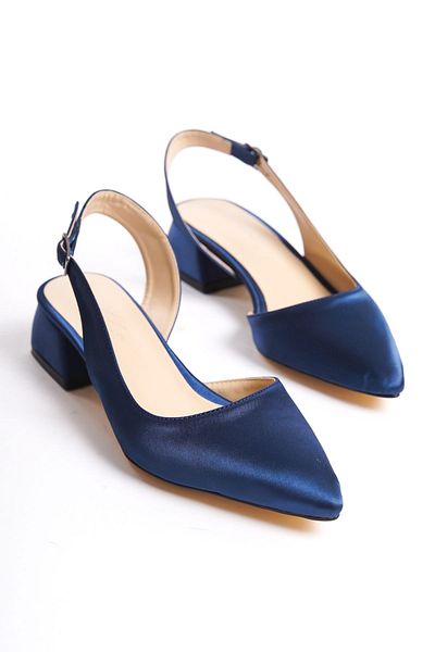 Shoesers Pantofi de damă cu bandă asimetrică cu vârf ascuțit din satin bleumarin cu toc mic