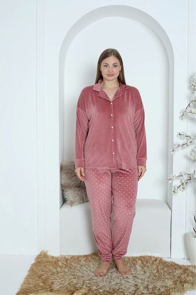 Pijamoni Plus Size Button Front French Dusty Rose Velvet Set - 7155