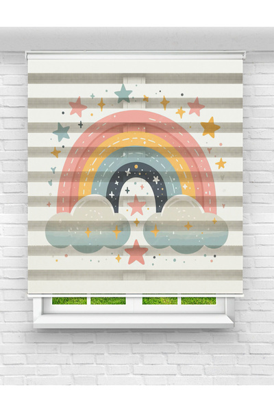 Mas Çocuk Odası - Renkli Gökkuşağı Baskılı Zebra Perde