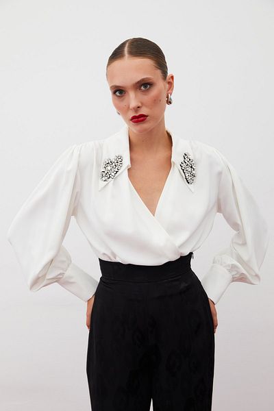 Sateen Μπλούζα Ecru Bodysuit - Με Λεπτομέρεια Αξεσουάρ